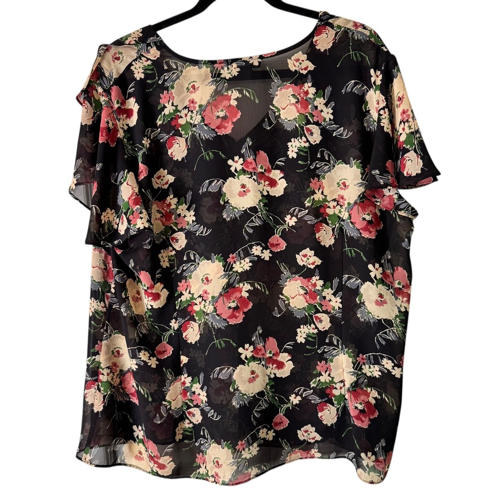 Chaps Floral Ruffle Blouse Sheer Top Elegant Party Black Pink 2X - Picture 7 of 7